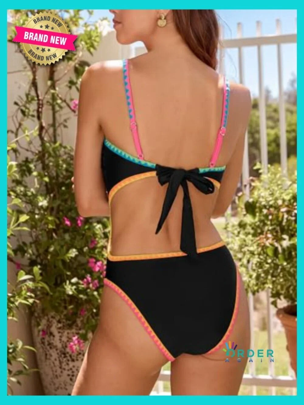 Color Block One Piece Swimsuit Square Neck Cutout Back Self Tie Adjustable